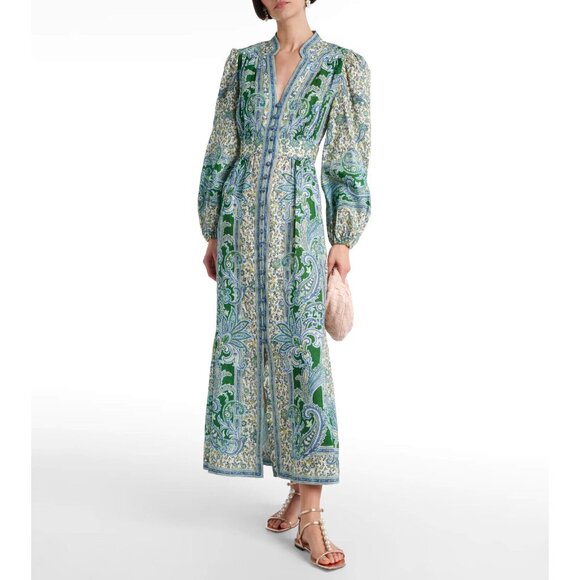 Zimmermann Ottie Linen Plunge Midi Dress in Green Paisley - Picture 1 of 16